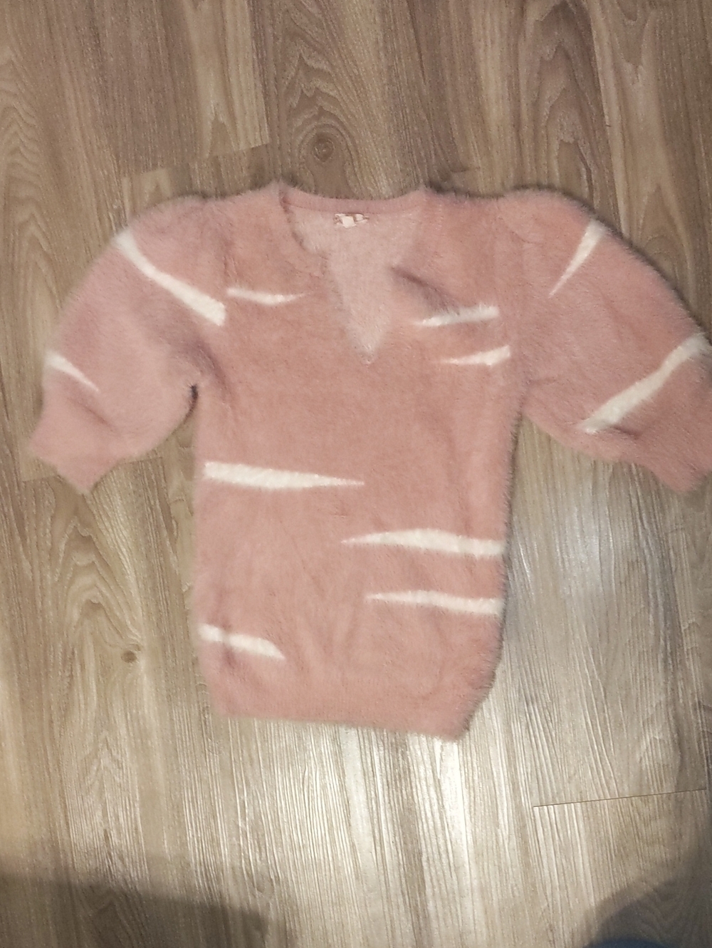 Soft Blush Rose Pink Fuzzy Sweater w/ White Accent Puffed Shoulders Short Sleeve